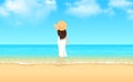 Vector back view portrait of beautiful young woman wearing straw hat and standing in the seashore. Travel and vacation concept Royalty Free Stock Photo